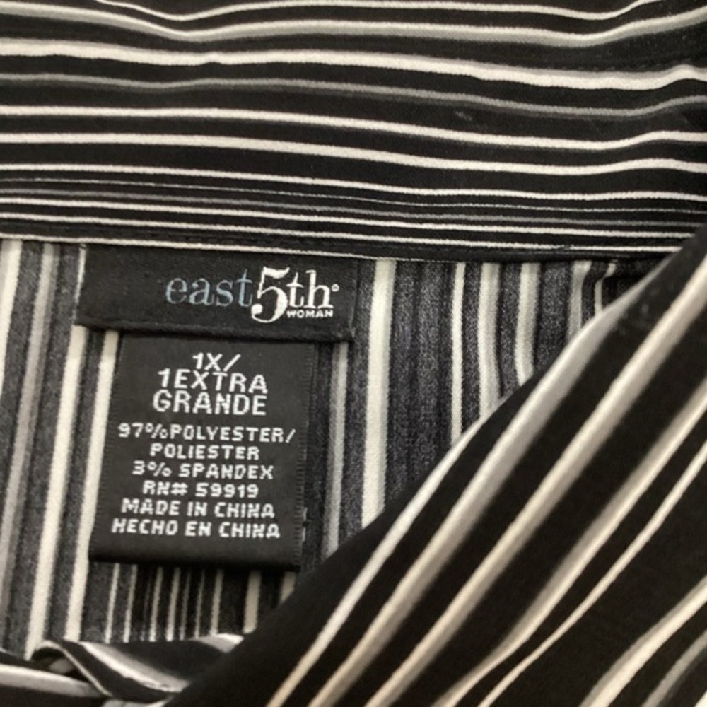 East 5th Black/Gray/White Polyester Stretch Striped Long Sleeves Blouse 1X - Picture 3 of 7